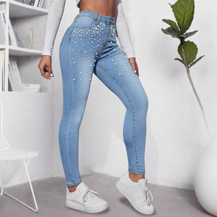 Damen High‑Waist Skinny-Jeans mit dekorativem Perlen-Cluster und Sculpting-Schnitt Drune
