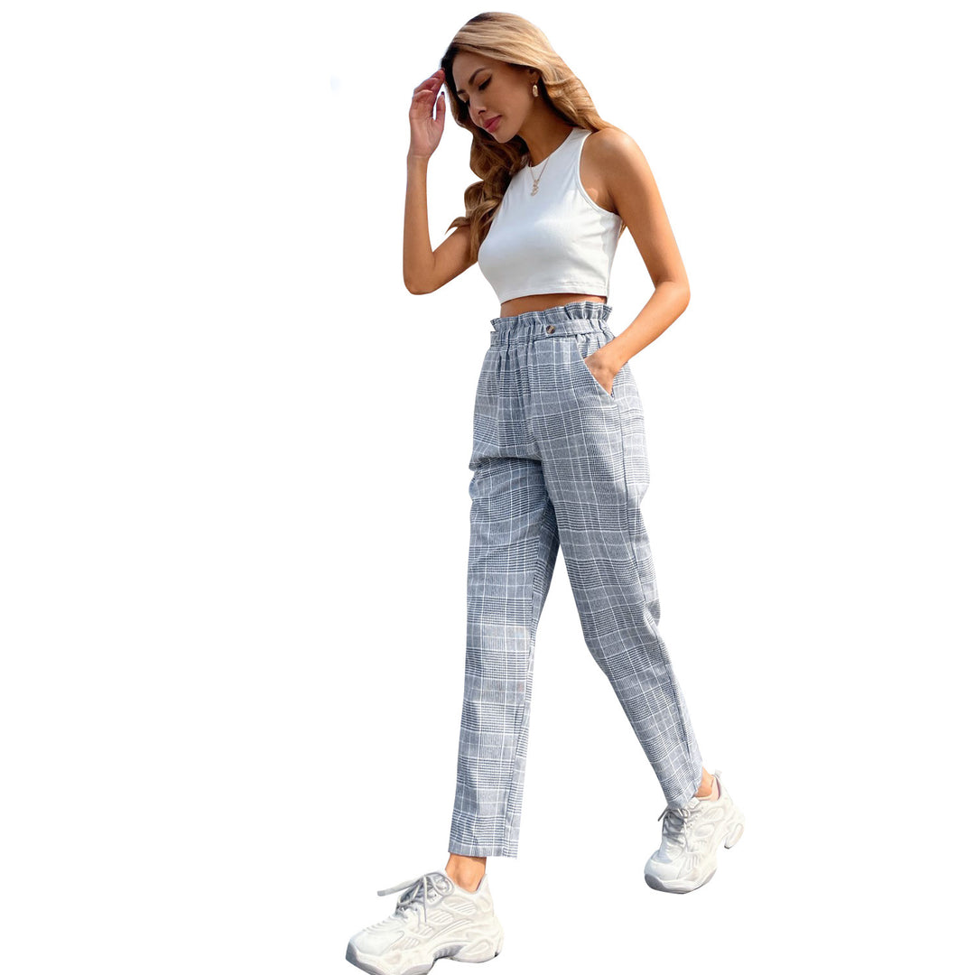 Damen elegante Karohose mit hohem Bund und seitlichen Knopfdetails Drune