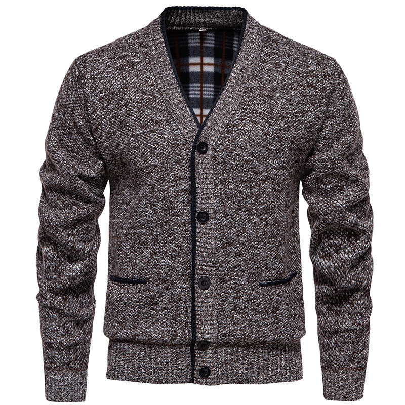 Herren Strukturierter V-Ausschnitt Strickcardigan mit kontrastierter Kante und kariertem Innenbesatz Drune