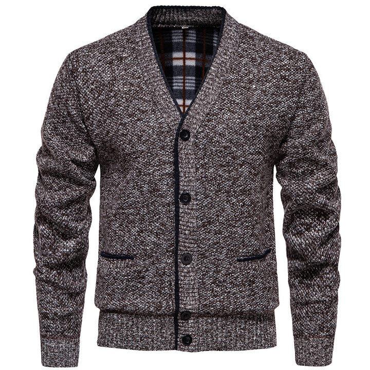Herren Strukturierter V-Ausschnitt Strickcardigan mit kontrastierter Kante und kariertem Innenbesatz Drune