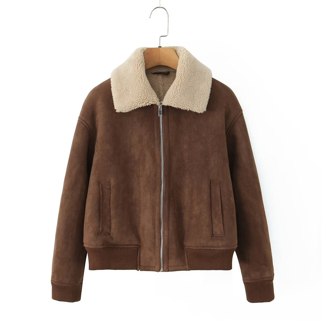 Damen Kurz geschnittene Teddy-gefütterte Wildlederoptik-Fliegerjacke mit Reißverschluss Drune