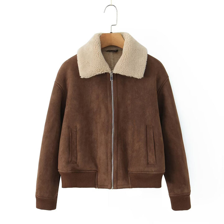 Damen Kurz geschnittene Teddy-gefütterte Wildlederoptik-Fliegerjacke mit Reißverschluss Drune