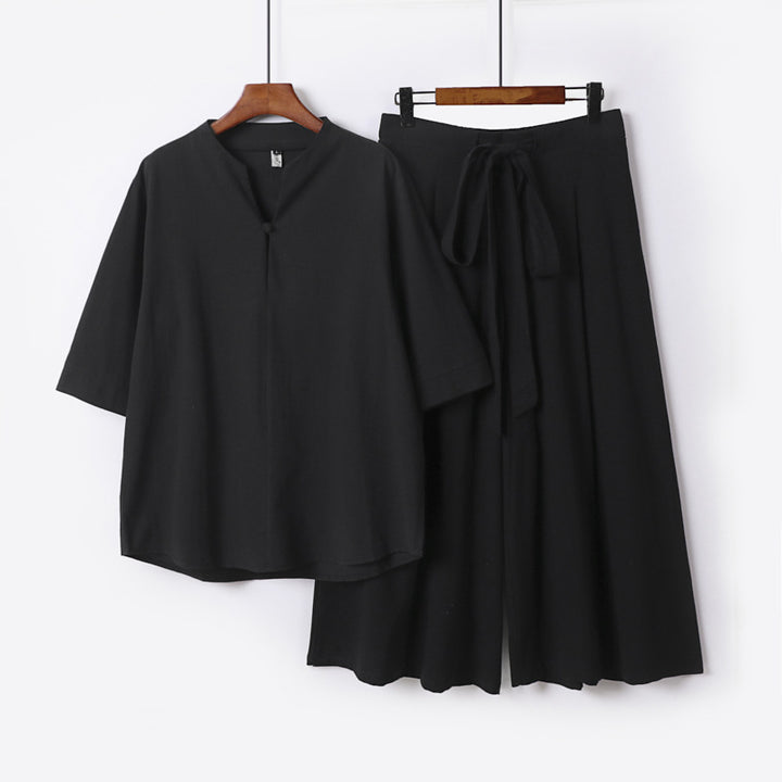 Damen Lässiges Leinen-Viskose Lounge-Set mit Stehkragen-Oberteil und weiten Palazzo-Hose Drune