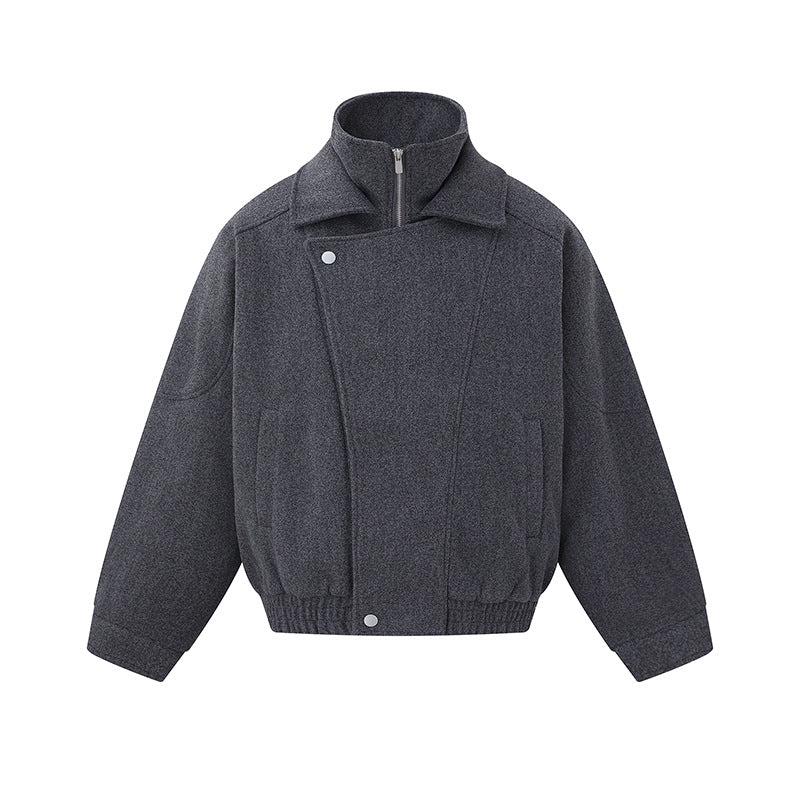 Herren Boxy Wollmix-Blousonjacke mit asymmetrischem Doppelverschluss und hohem Stehkragen Drune