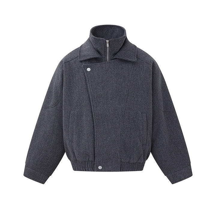 Herren Boxy Wollmix-Blousonjacke mit asymmetrischem Doppelverschluss und hohem Stehkragen Drune