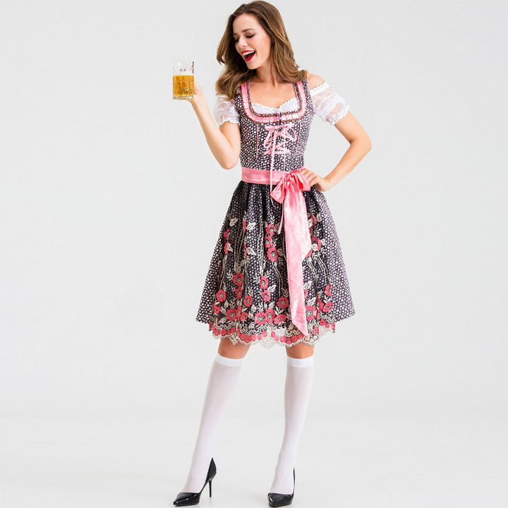 Damen nan traditionelles Kurzdirndl mit Spitzenärmeln, Schnürung und floraler Schürze Drune