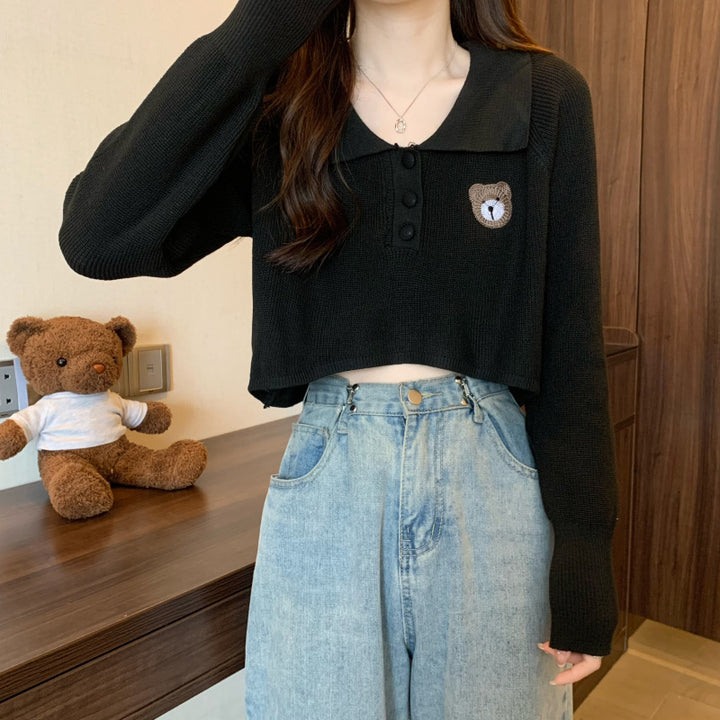 Damen Cropped Pullover mit einem Knopfverschluss und Einhorn-Emblem