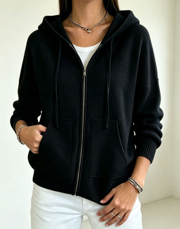 Damen Kapuzen-Wollmix Zip-Cardigan mit kastiger Passform und Kängurutaschen Drune