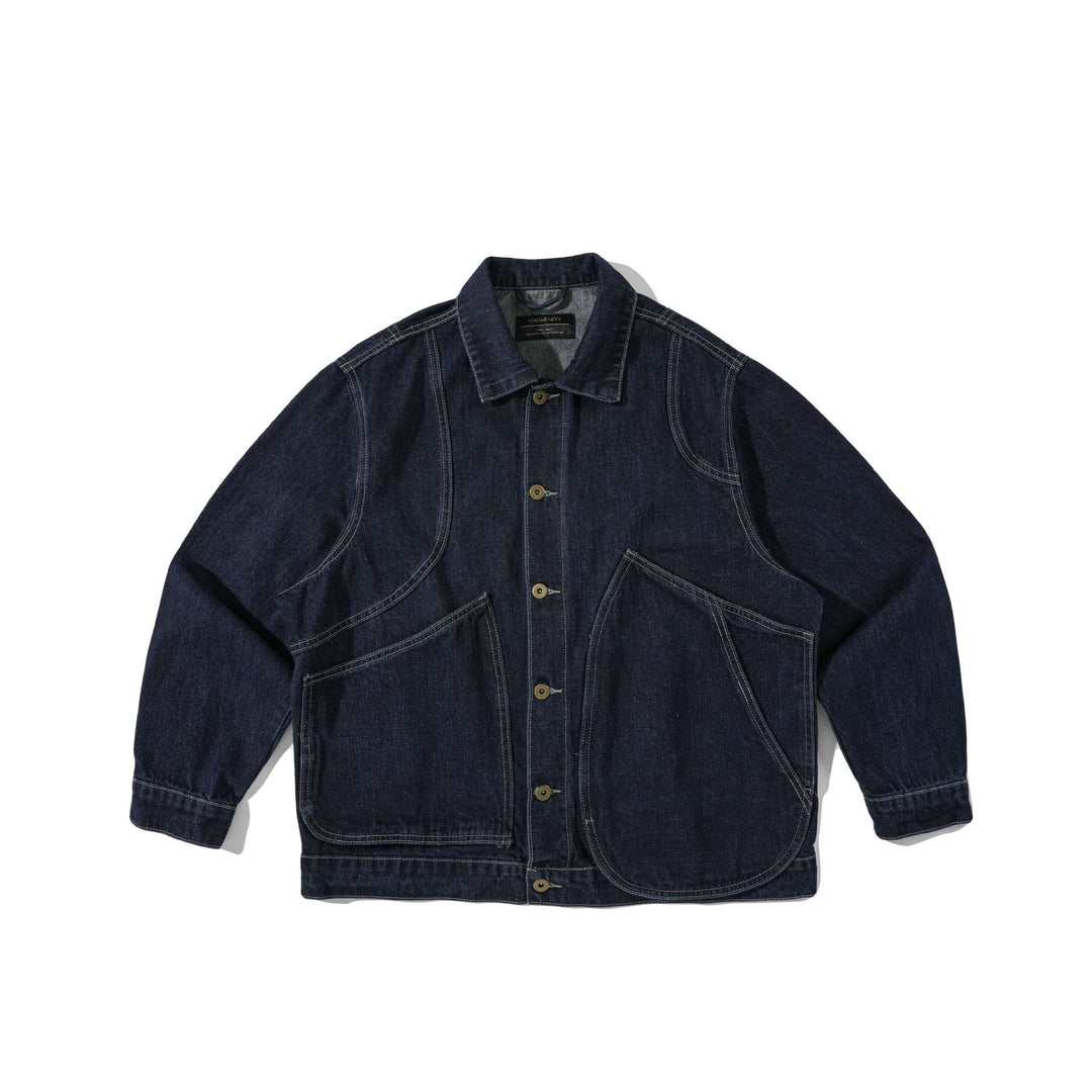 Unisex Boxy-Denimjacke im Workwear‑Stil mit markanten Rundtaschen Drune