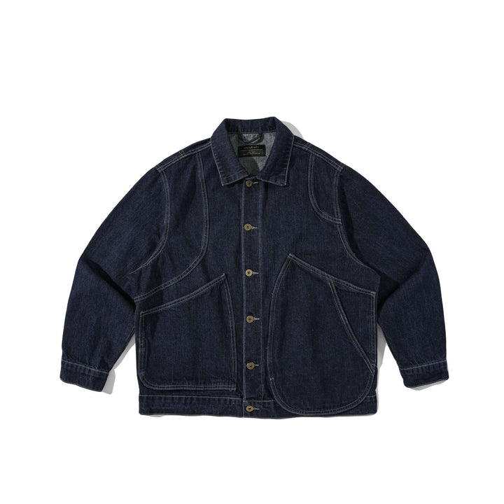 Unisex Boxy-Denimjacke im Workwear‑Stil mit markanten Rundtaschen Drune
