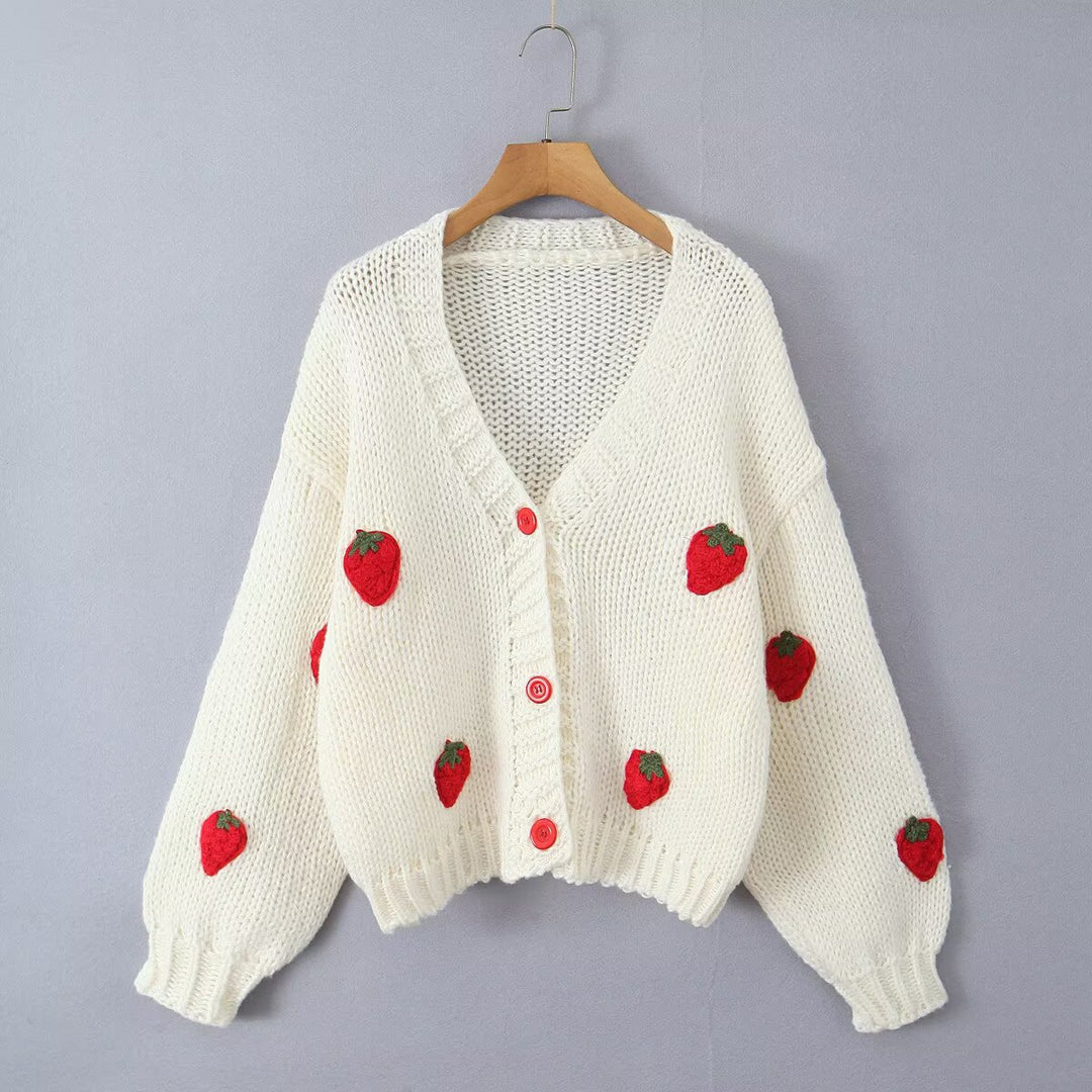 Damen Strickjacke mit Erdbeer-Motiv Drune