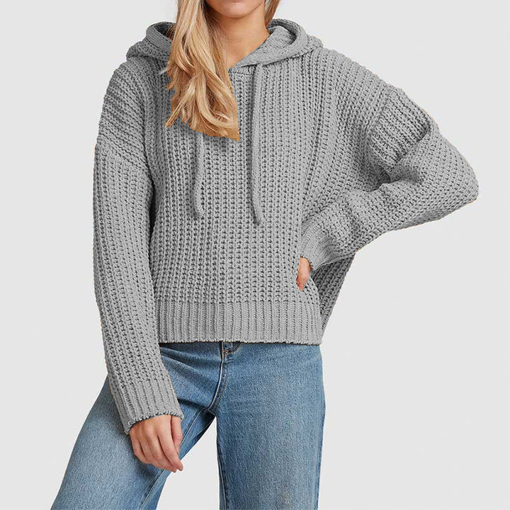 Damen Grobstrick-Kapuzenpullover mit Waffelstruktur, überschnittener Schulter und kurzem Saum Drune