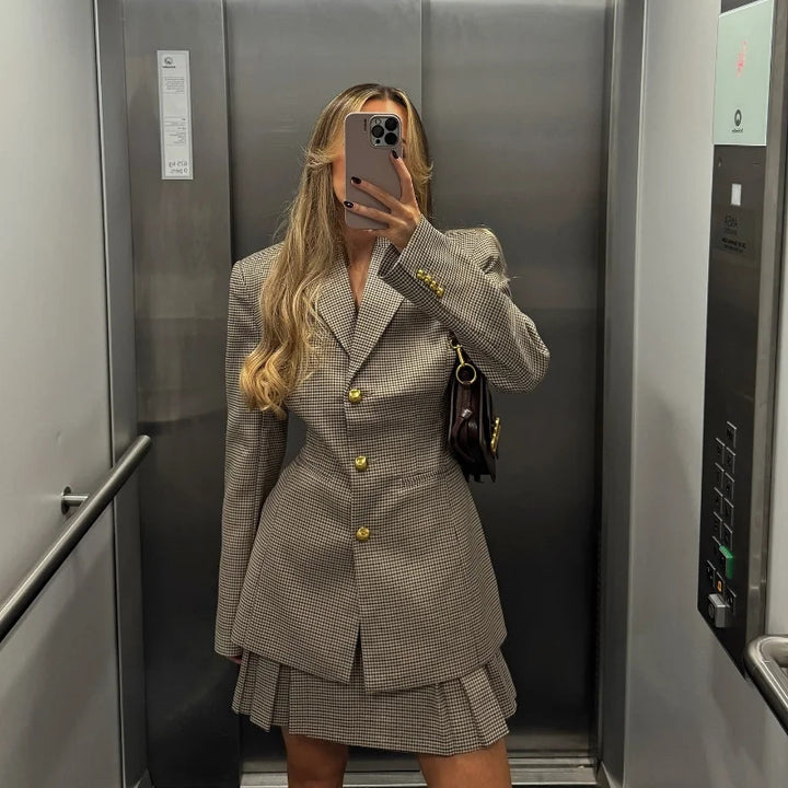 Damen Eleganter Karoblazer mit passendem Rock Drune