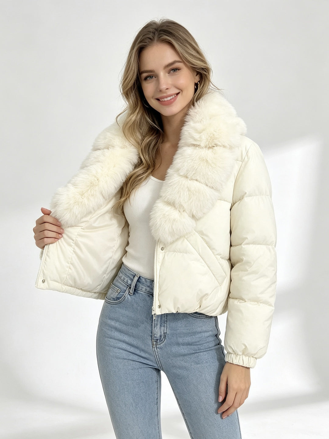 Damen nan kurze wattierte Cropped-Jacke mit extra voluminösem Kunstpelz-Schalkragen und elastischen Bündchen Drune