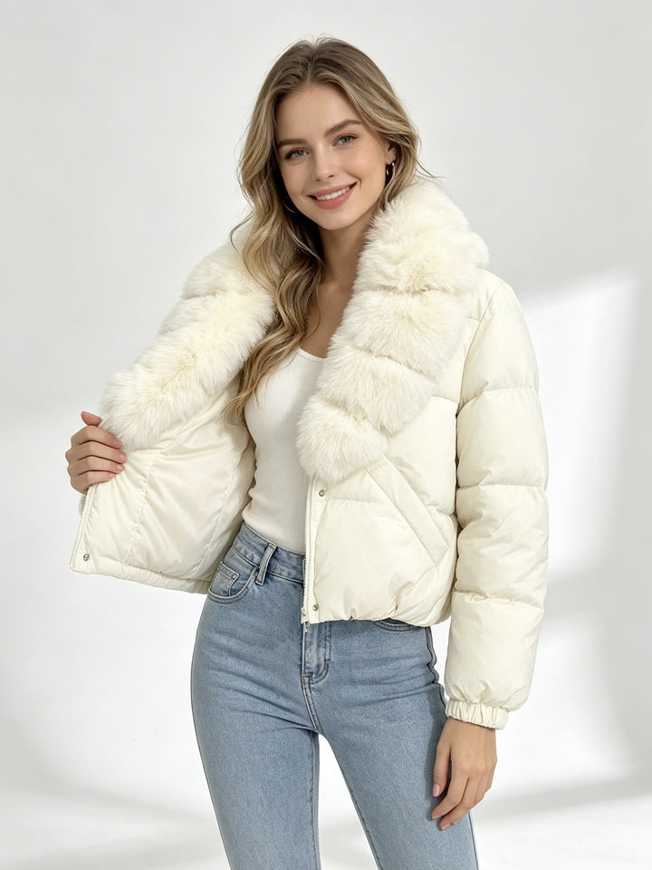 Damen nan kurze wattierte Cropped-Jacke mit extra voluminösem Kunstpelz-Schalkragen und elastischen Bündchen Drune