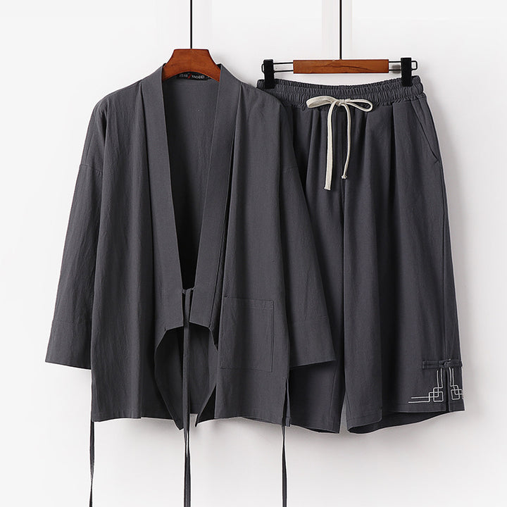 Damen Zen-Kimono-Lounge-Set aus atmungsaktivem Baumwollmix mit Bindebandjacke und weiten Culotte-Hose Drune