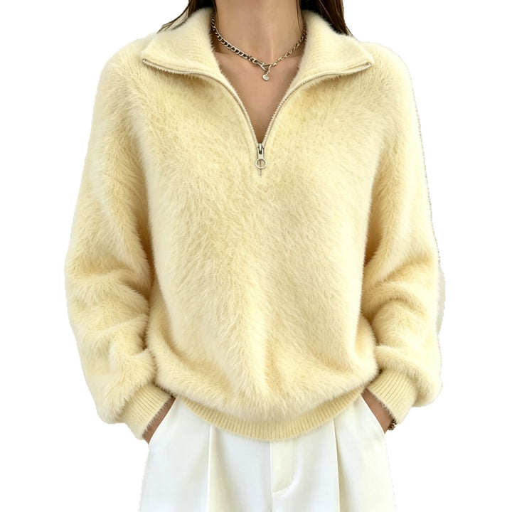 Damen Flauschiger Halbzipp-Pullover mit Stehkragen Drune