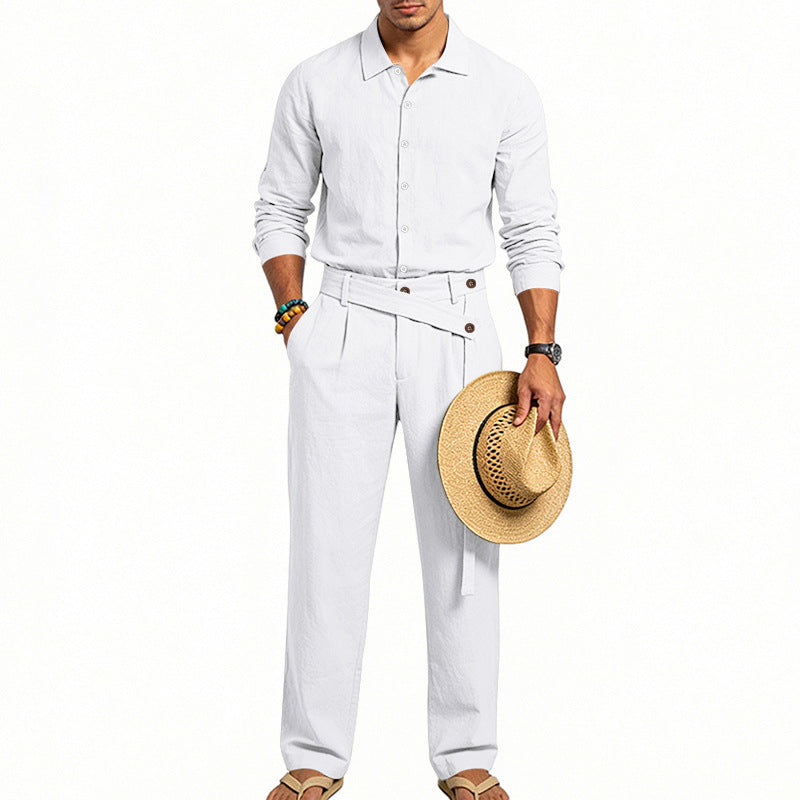 Herren nan eleganter Leinen-Zweiteiler mit Hemd und Hose mit hohem Bund und Bindegürtel Drune