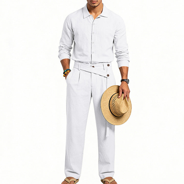 Herren nan eleganter Leinen-Zweiteiler mit Hemd und Hose mit hohem Bund und Bindegürtel Drune