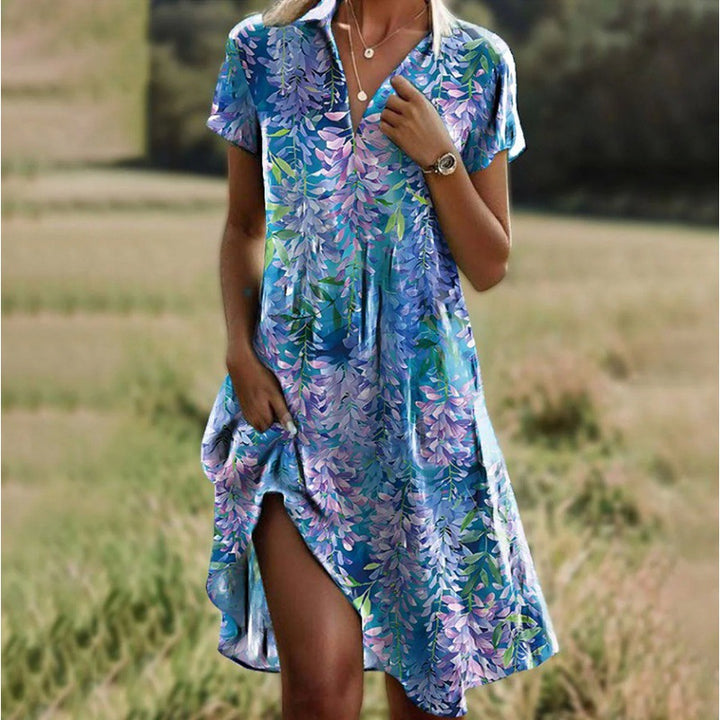 Damen Kurzarmblumenhemdkleid mit praktischen Seitentaschen und elegantem Schnitt Drune