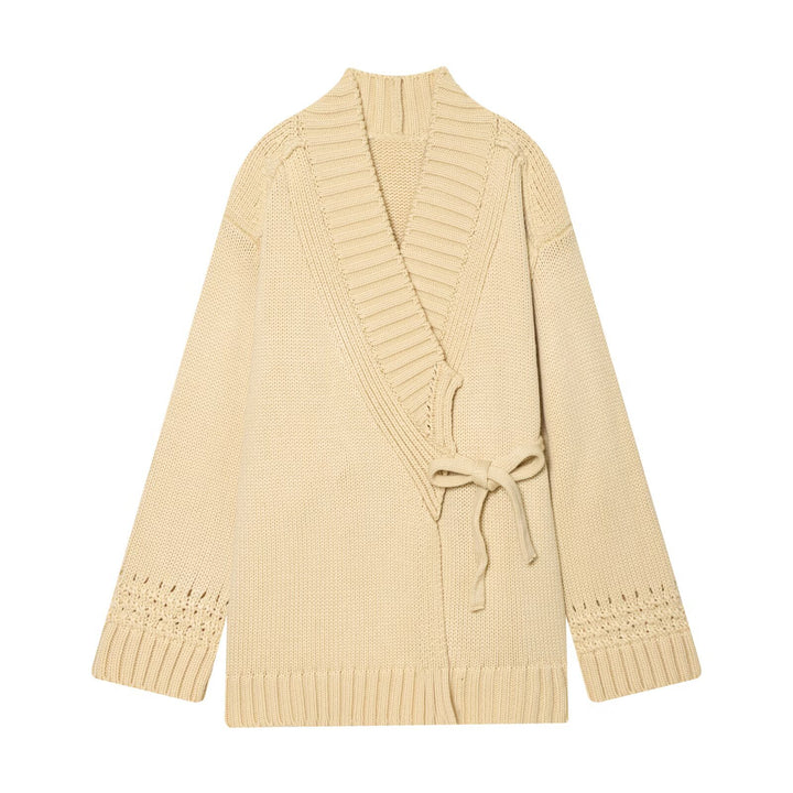 Damen Wickel-Strickcardigan mit Schalkragen, Bindegürtel und Häkelärmeln Drune