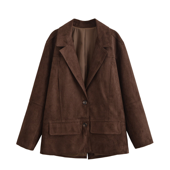 Damen Oversize Wildlederoptik-Blazerjacke mit Reverskragen und Pattentaschen Drune