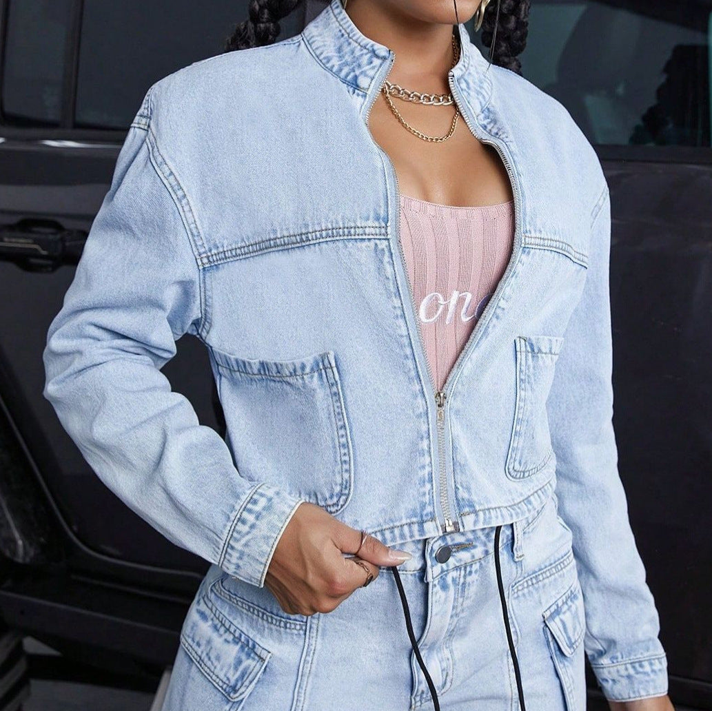 Damen Cropped-Denim-Set bestehend aus kurzer Jeansjacke und High-Waist Cargo-Jeans Drune