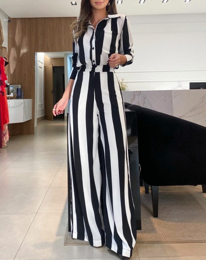 Damen Eleganter Jumpsuit mit auffälligem Streifenmuster und praktischen Taschen Drune