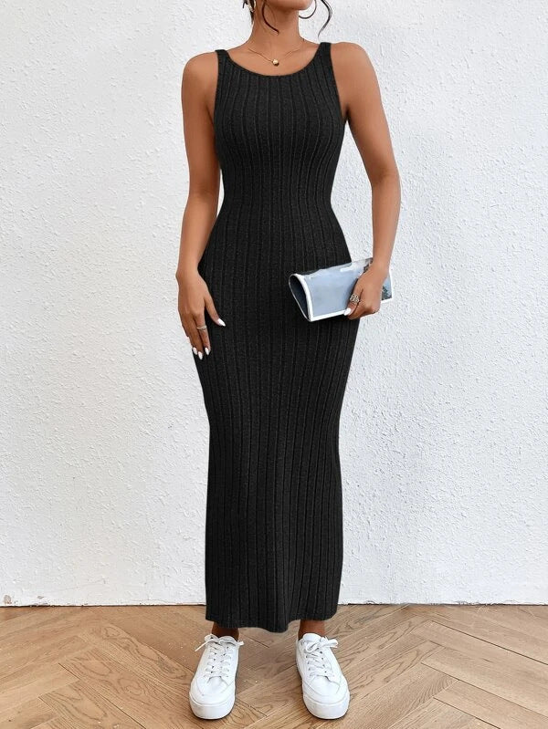 Damen figurbetontes Langarm-Maxikleid mit Rippenstruktur und Rundhalsausschnitt Drune