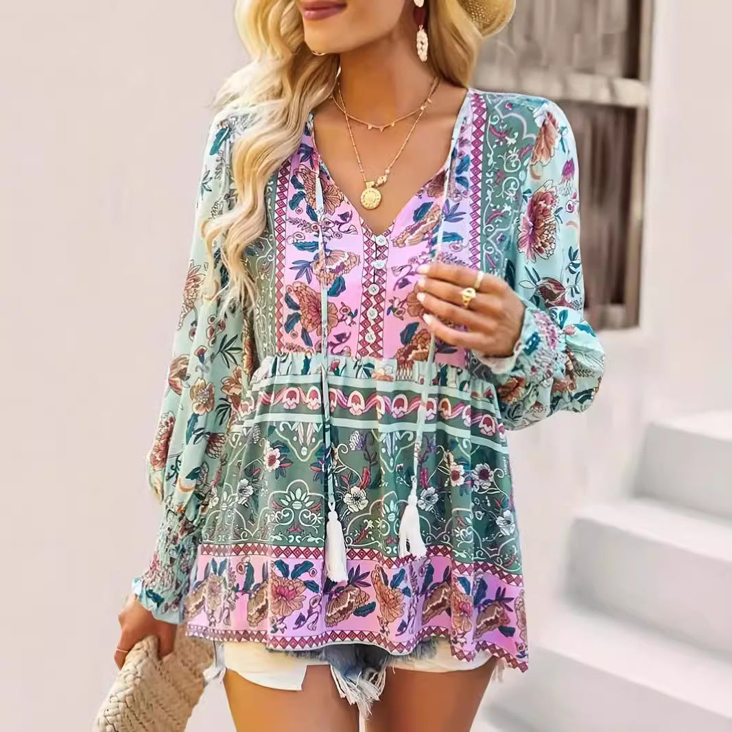 Damen Hübsches Blusenshirt mit floralem Design und Kordel Drune