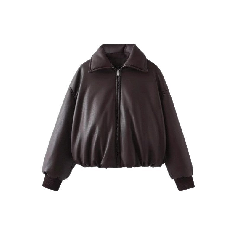 Damen lässige Boxy-Jacke aus weichem Kunstleder mit elastischem Bund Drune