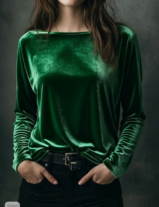 Damen Feines Velours-Langarmshirt mit U-Boot-Ausschnitt und kastiger Silhouette Drune