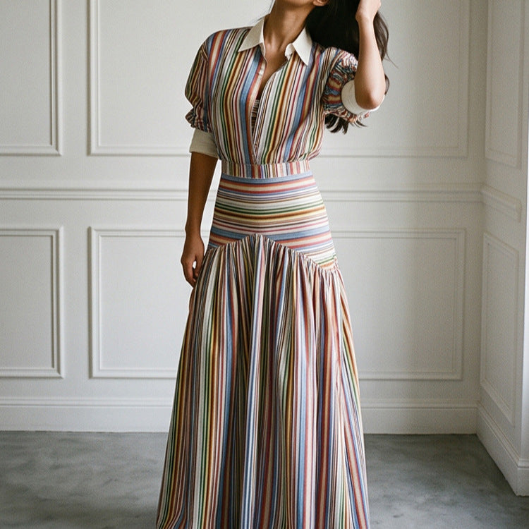 Damen Maxikleid mit Hemdkragen, tailliertem Bund & mehrlagigem Stufenrock Drune