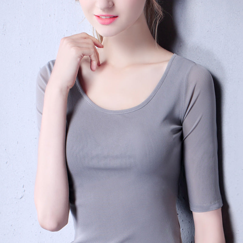 Damen T-Shirt mit elegantem Rundhalsausschnitt und feinen, transparenten Ärmeln Drune