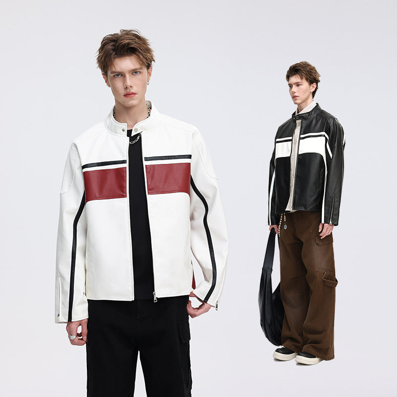 Herren Kontrast-Kunstleder-Bikerjacke mit Stehkragen und Zip-Ärmeln Drune