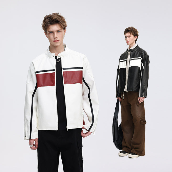 Herren Kontrast-Kunstleder-Bikerjacke mit Stehkragen und Zip-Ärmeln Drune