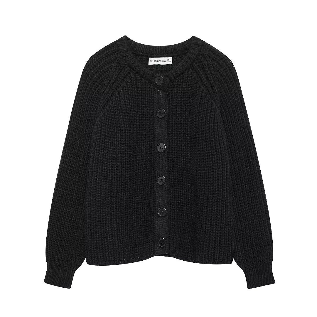 Damen nan grob gestrickte Raglan-Cardigan mit Ballonärmeln und durchgehender Knopfleiste Drune