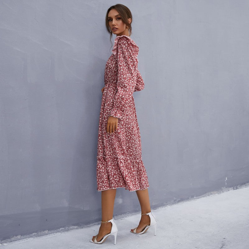 Damen Midikleid im Vintage‑Stil mit quadratischem Ausschnitt, Rüschen und elastischer Taille Drune