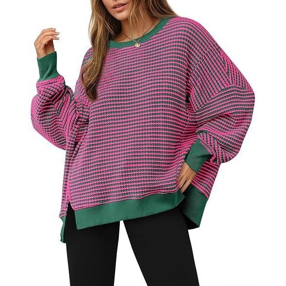 Damen Gestreifter Oversize-Sweater mit Rundhalsausschnitt und Seitenschlitzen Drune