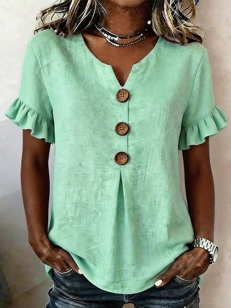 Damen Bluse mit Rüschendetails und Holzknöpfen Drune
