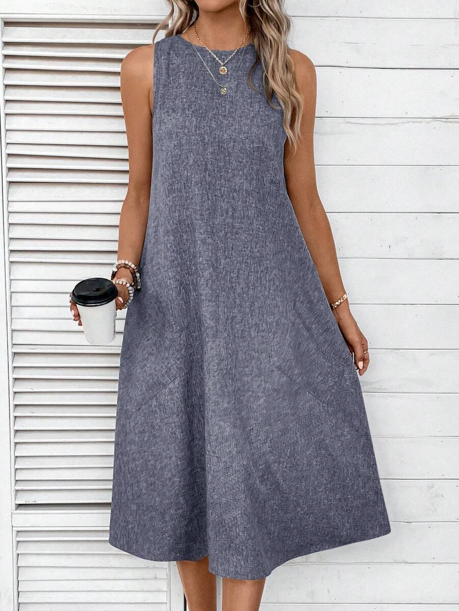 Damen lässiges Midi-Kleid mit tiefem Ausschnitt und praktischen Taschen Drune