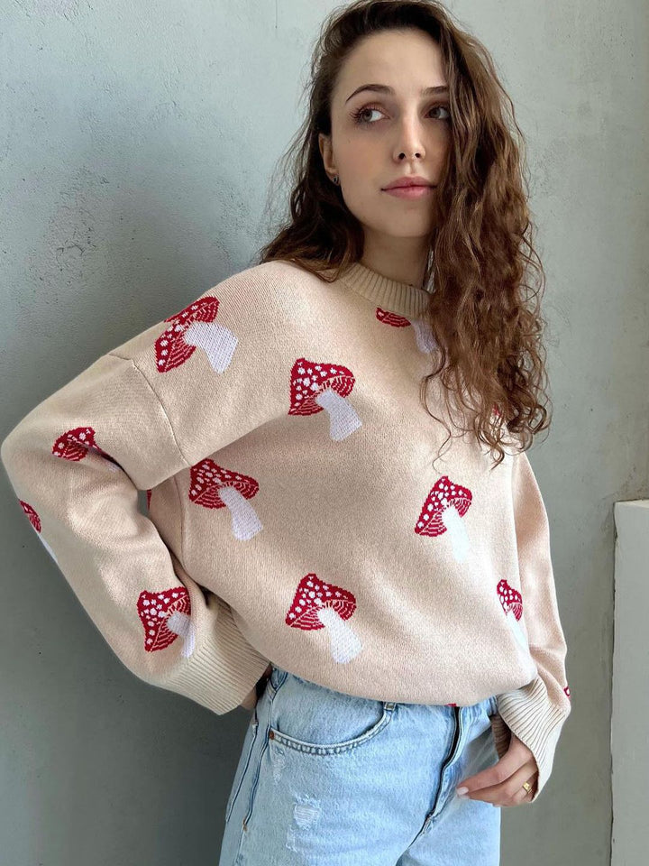 Damen weiter Strickpullover mit Pilzmotiv Rundhals Rippbündchen Drune