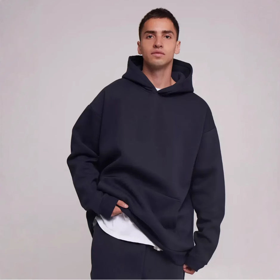 Herren nan schwerer Fleece-Boxy-Hoodie mit tiefem Schulterfall verstärkter Kapuze und Kängurutasche Drune