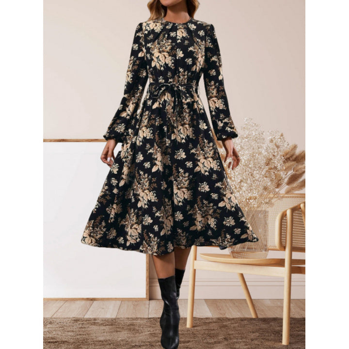 Damen Midikleid mit floralen Details und Taillengürtel Drune