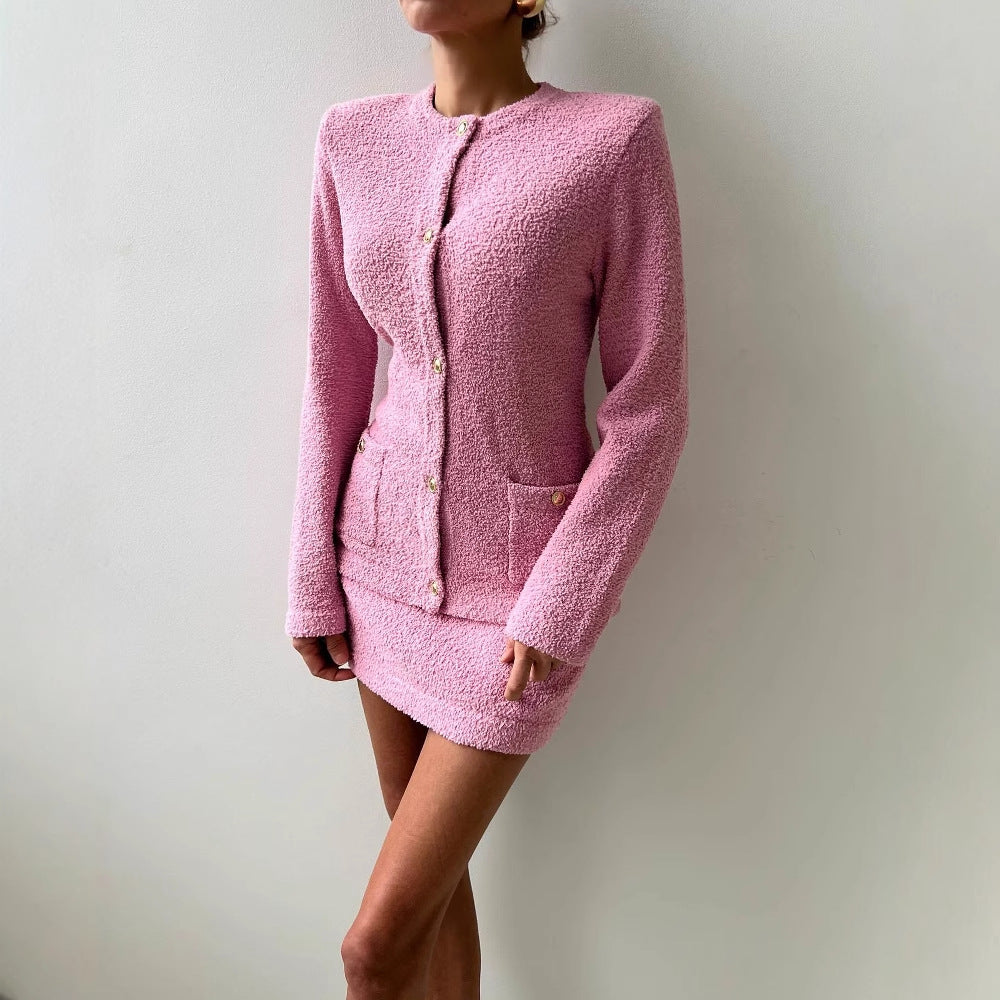 Damen elegante Strickjacke mit zwei Taschen und schimmernden Knopfdetails Drune