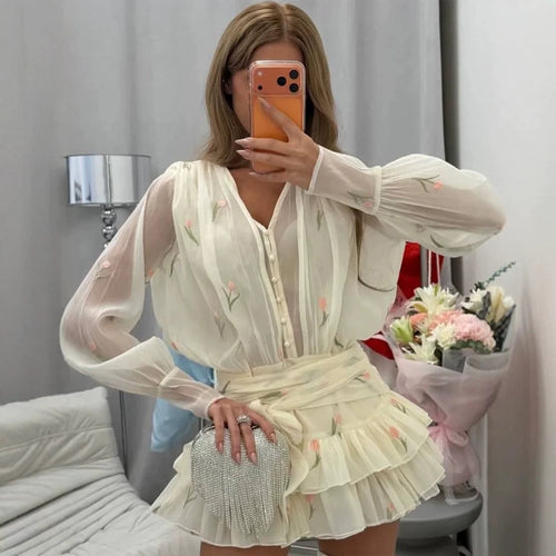 Damen Zweiteiliges Chiffon‑Set mit bestickter Transparentbluse und Volant‑Minirock Drune
