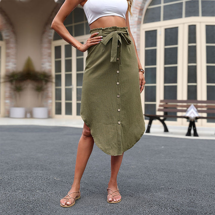 Damen lässiger Wickelrock mit taillierbarem Bindegürtel und Knopfdetails Drune