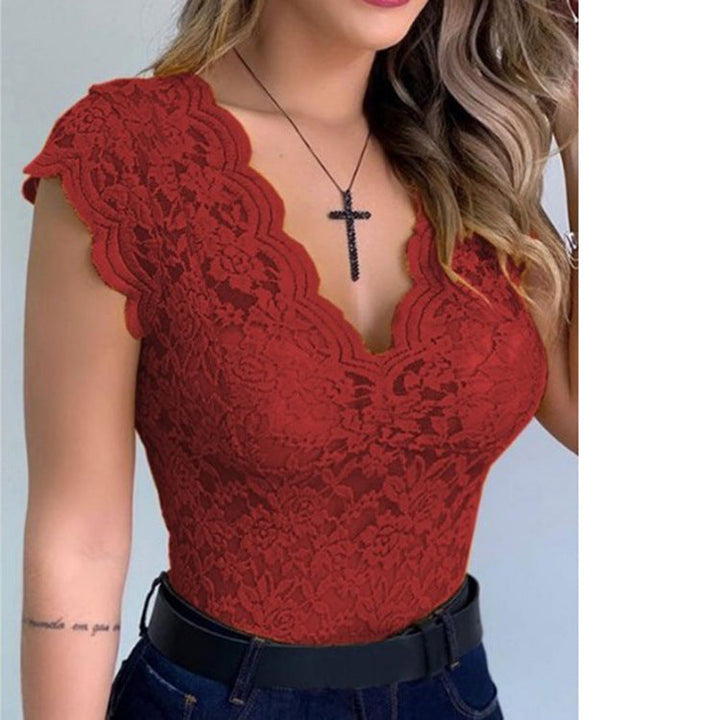 Damen Spitzenbodysuit mit tiefem V-Ausschnitt und Rüschenärmeln Drune