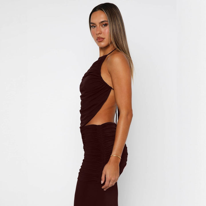 Damen Elegantes Maxikleid mit asymmetrischem Halterhals und ausgefallenem Schlitz Drune