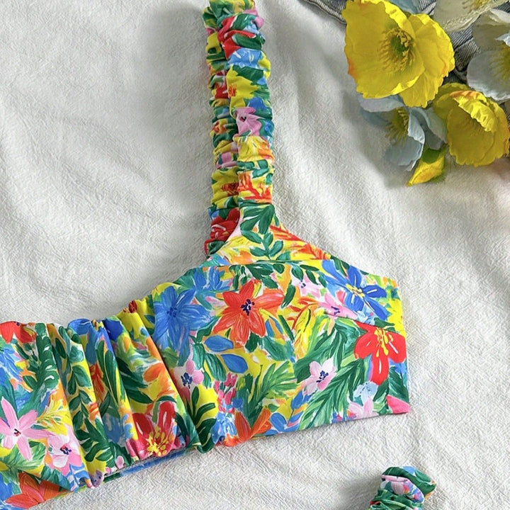 Damen Hauchdünner Floral-Bikini mit elastischen Rüschen Drune